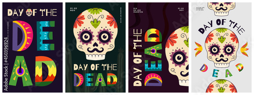 Dia de Los Muertos poster set. Mexican Day of the Dead national festival greeting cards with colorful lettering and skull. Mexico religious november holiday flyers vector eps design templates