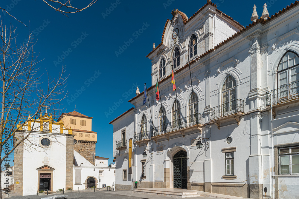 View at the Town hall of Evora in Portugal. Evora is a pleasant medium-sized city and has numerous monuments