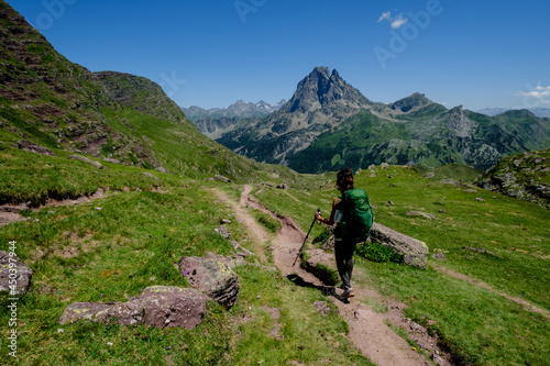 trekker on Tour de l Ossau and Ayous lakes tour, Pyrenees National Park, Pyrenees Atlantiques, France © Tolo