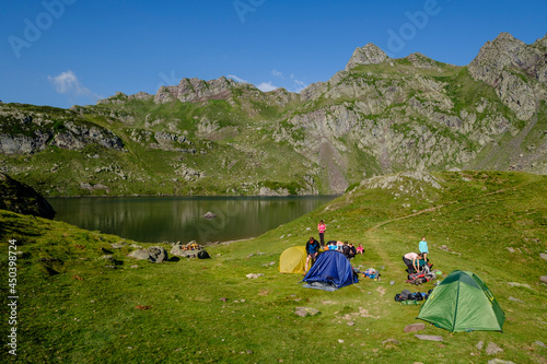 camp on Lac Bersau, Ayous lakes tour, Pyrenees National Park, Pyrenees Atlantiques, France