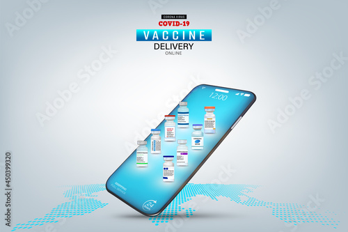 Coronavirus Vaccine on Mobile Application , Covid-19 vaccine Online on Website or smartphone as protection, healthcare concept, Vector illustration.