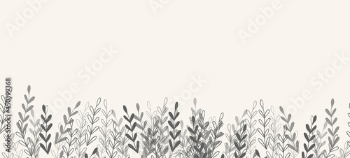 Floral web banner with drawn grey exotic leaves. Nature concept design. Modern floral compositions with summer branches. Vector illustration on the theme of ecology, natura, environment