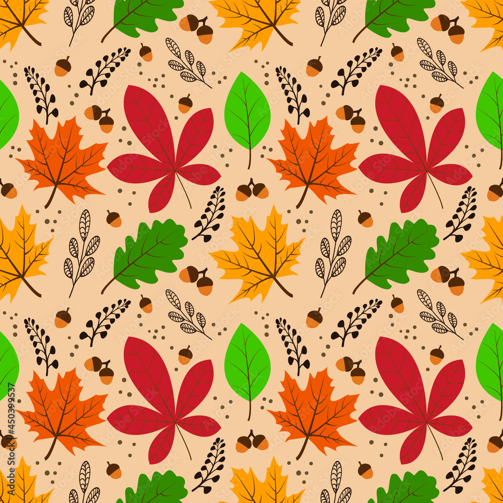 Vector seamless pattern with autumn elements: acorns, various leaves, autumn floral elements. A bright, repetitive texture for the autumn season.It is used for wrapping paper, packaging, books. Vector seamless pattern with autumn elements: acorns, various leaves, autumn floral elements. A bright, repetitive texture for the autumn season.It is used for wrapping paper, packaging, books.