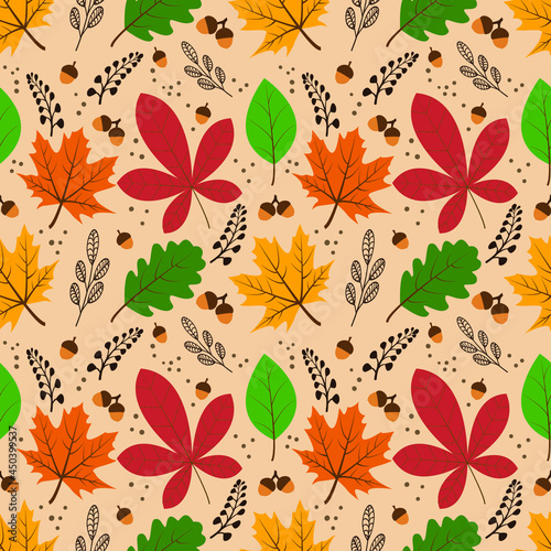 Vector seamless pattern with autumn elements: acorns, various leaves, autumn floral elements. A bright, repetitive texture for the autumn season.It is used for wrapping paper, packaging, books.