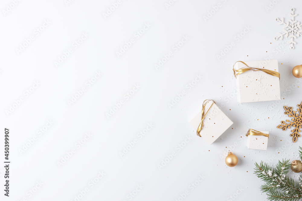 Christmas decorations with gifts on white background. Flat lay, copy space