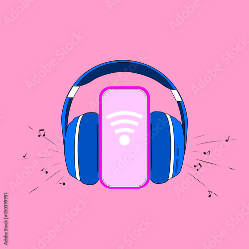 Headphones and a smartphone, a conceptual banner design for a music streaming service. Close-up. Vector