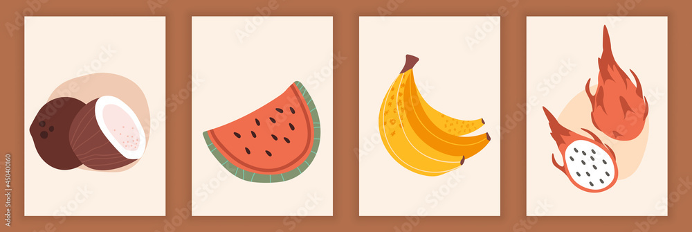 Set of abstract still fruits and berries on pastel background. Collection of contemporary art. Hand drawn watermelon, banana, dragon fruit, coconut. Flat cartoon vector illustration