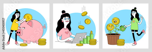 Financial literacy. Young Money. Finance, investment vector illustrations with funny cartoon abstract characters.
