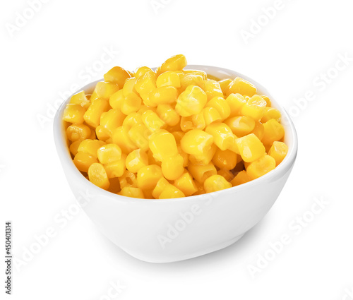 Bowl of corn kernels on white background