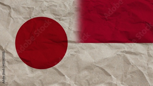 Indonesia and Japan Flags Together, Crumpled Paper Effect Background 3D Illustration