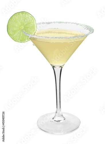 Glass with tasty daiquiri cocktail on white background