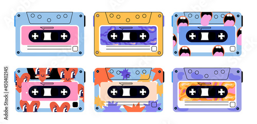 Set of cute retro vintage tape cassettes on white background. Colorful audio tapes. Cassettes with love songs, relax, rock, nineties hits. Flat cartoon vector illustration