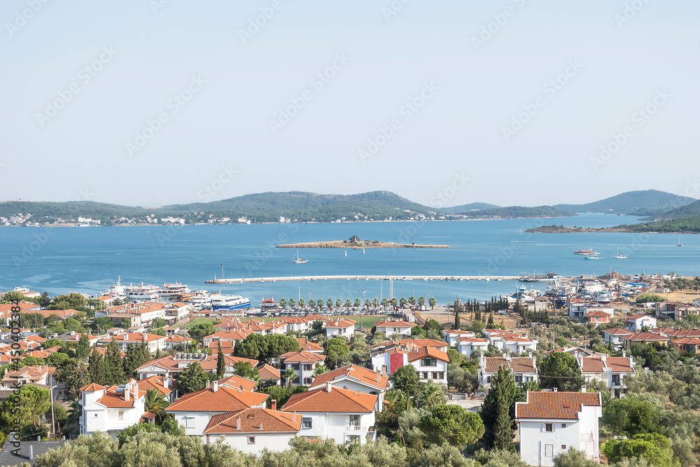 A general view of Cunda Island from top of the Island. Aegean resort town Cunda Island, also called Alibey Island, (Turkish: Cunda Adası, Alibey Adası), Greek Moschonisi at Ayvalik, Balikesir, Turkey.