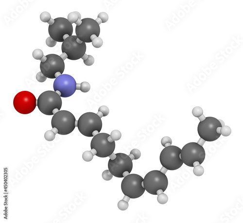 Spilanthol molecule. Local anesthetic present in Acmella oleracea (toothache plant). 3D rendering. photo