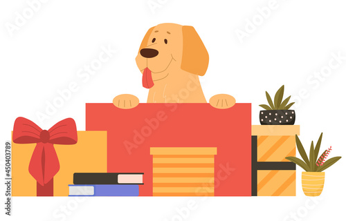 Cute happy dog is sitting in gift box on white background. Dog as a birthday present. New cute domestic animal in family. Flat cartoon vector illustration