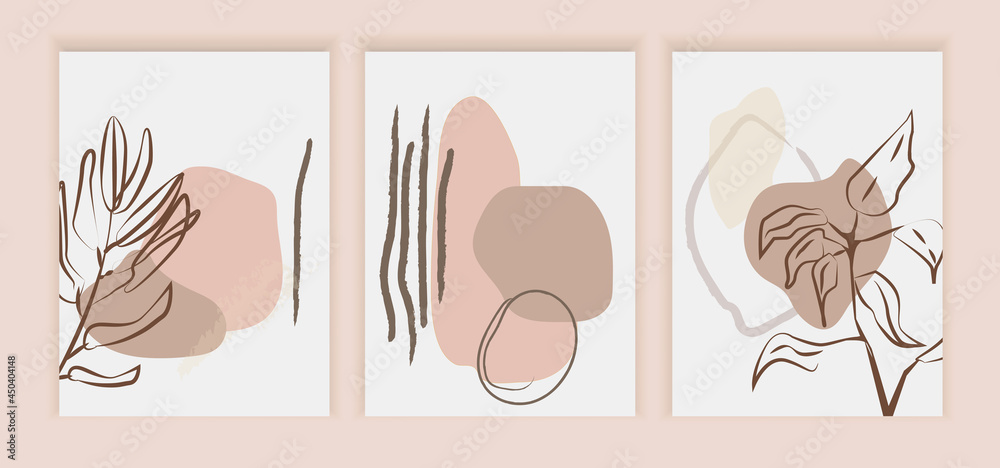Set of geometric abstract posters set with geometric elements and leaves on pastel background. Floral nordic paint print. Scandinavian style. Flat cartoon vector illustration