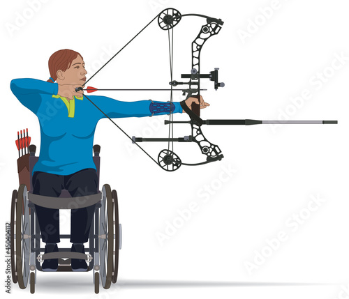 para sports paralympic archery, physical disabled female athlete sitting in specialized wheelchair holding bow and arrow isolated on white background