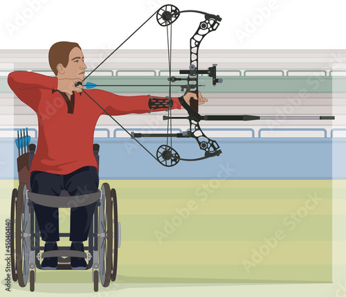 para sports paralympic archery, physical disabled male athlete sitting in specialized wheelchair holding bow and arrow with stadium in background