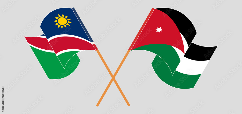 Crossed and waving flags of Namibia and Jordan Crossed and waving flags of Namibia and Jordan
