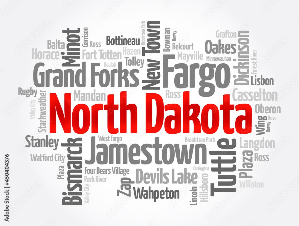 List of cities in North Dakota USA state, word cloud concept background List of cities in North Dakota USA state, word cloud concept background