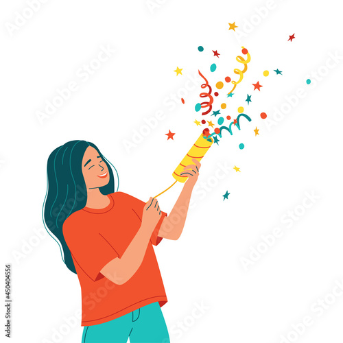 Young happy woman shoots from a holiday cracker with confetti and streamers. Concept for congratulations with a win, new year, christmas, birthday. Greeting card. Isolated on white vector illustration