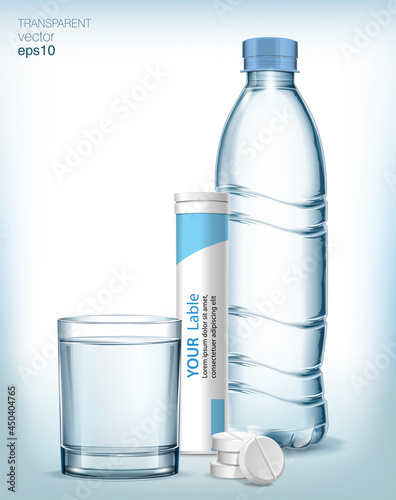 Glass of blue water, bottle of water, plastic box for pills and a few pills next to the glass.  Vitamin pill soluble in water.  Transparent vector