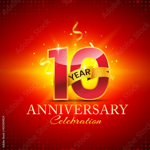 10-year anniversary celebration. Red number 10 with confetti and ribbon. Vector festive illustration
