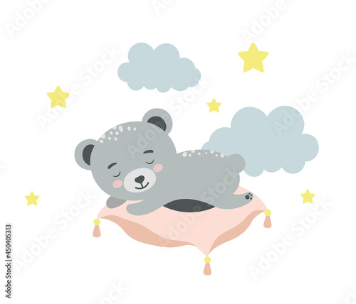 Cute Bear sleeping on the pillow. Baby animal concept illustration for nursery  character for children.