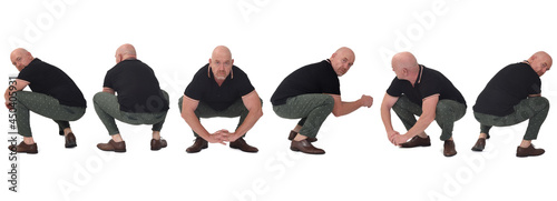 Canvastavla group of same man sitting squatting on white background