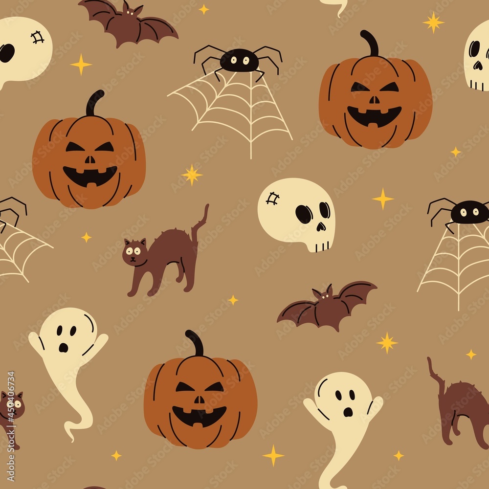 Halloween seamless trendy pattern background. Vector illustration for fabric and gift wrap paper design. Halloween seamless trendy pattern background. Vector illustration for fabric and gift wrap paper design.