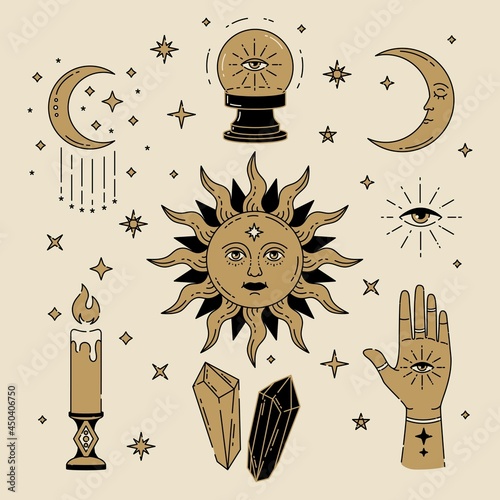 Celestial Magic gold colour illustration of icons and symbols of sun, moon, crystals, evil eye, witch hands. Set of Esoteric symbols, alchemy and witchcraft vector art.