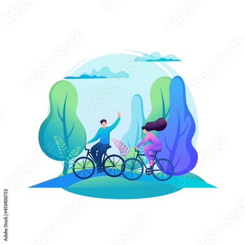 Vivid illustration. Friends ride bicycles in the forest, summer entertainment, cycling in the park. 2D Characters