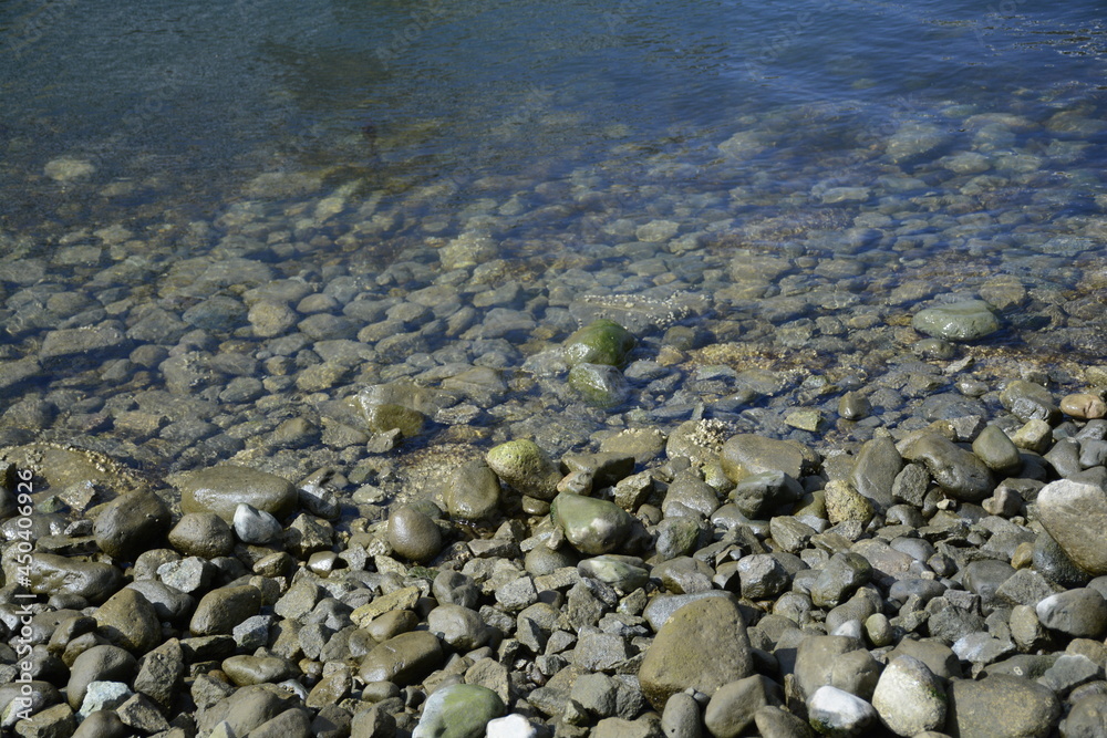 Bed of rocks, in water.