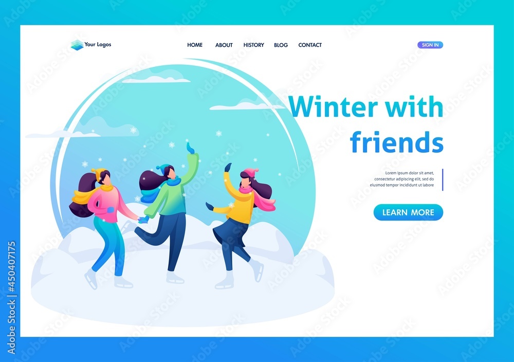 Girls friends ice skating, fun weekend, winter fun. 2D Characters. Landing Page Concept Girls friends ice skating, fun weekend, winter fun. 2D Characters. Landing Page Concept