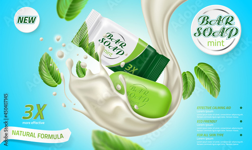 Vector realistic soap bar with mint in splash ad