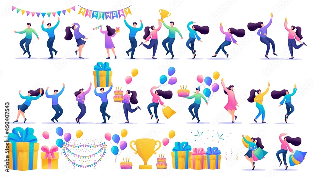 Large set of birthday. Happy people characters in a flat cartoon style celebrate a birthday. Set with garlands, gift boxes, cakes, balloons and dancing people
