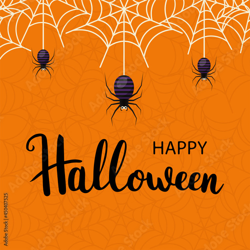 Happy Halloween card with spider webs and funny striped spiders. Vector illustration