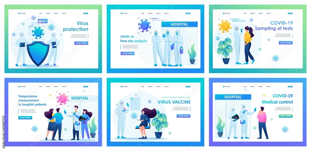 Collection of landing pages about medicine. Doctors are fighting for the lives of coronavirus patients. Examination and treatment of patients, patient reception