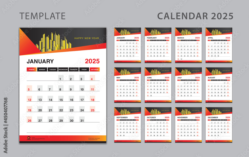 Vecteur Stock Wall calendar 2025 template red Gradient background, Desk