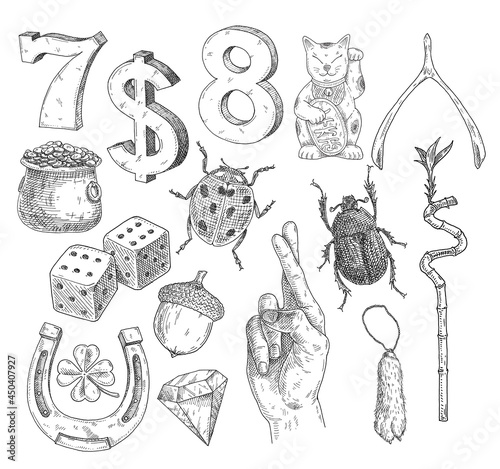 Set lucky symbols. Vintage hatching monochrome black illustration. Isolated on white