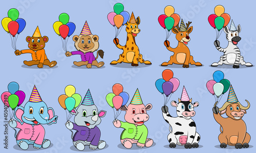Fototapeta Naklejka Na Ścianę i Meble -  Ten Animals Character With Bring Balloons For Ready To Party, Colors Background, Mascot, Icon, Character or Logo, Vector and Illustration.