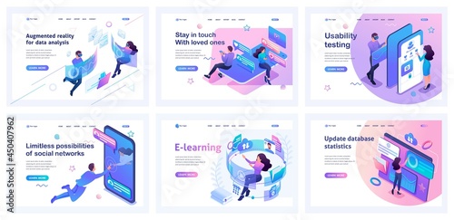 Collection of landing pages. Men and women use modern technologies, virtual reality, instant messengers, and online training. Isometric characters