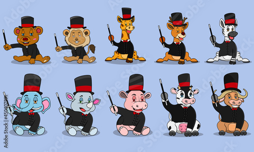 Ten Animals Character With Wear Magician Custom , Colors Background, Mascot, Icon, Character or Logo, Vector and Illustration.