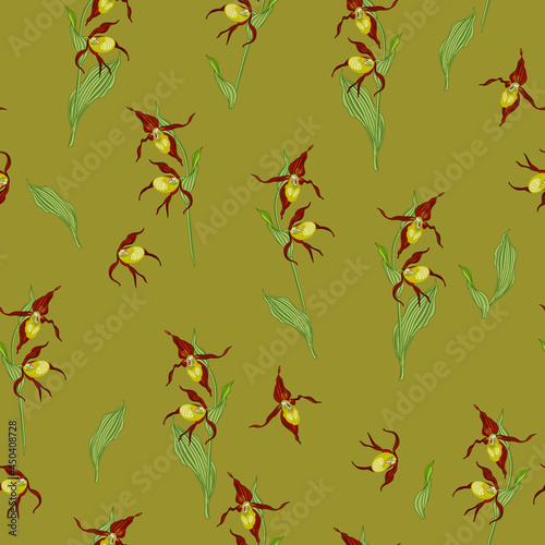 Seamless floral pattern with branches of orchid Lady's slipper flower. Wild orchid. Cypripedium calceolus. On golden green background.