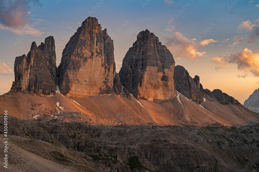 Naklejka premium Three peaks of Tre Cime di Lavaredo during sunset