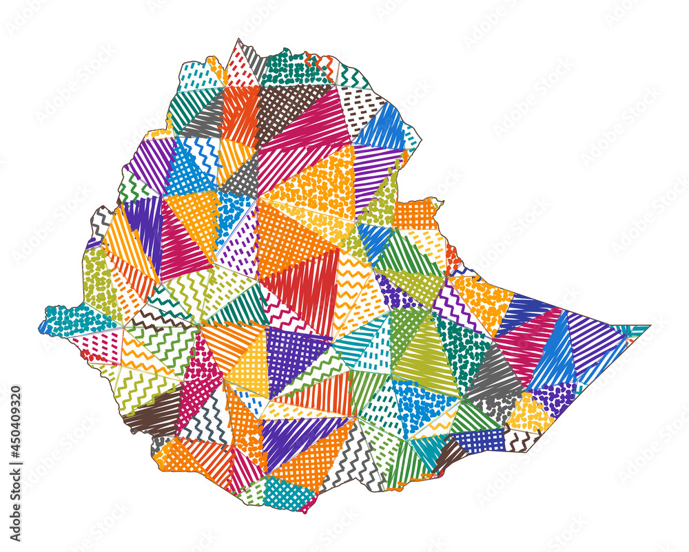Kid style map of Ethiopia. Hand drawn polygons in the shape of Ethiopia.  Vector illustration. Stock Vector