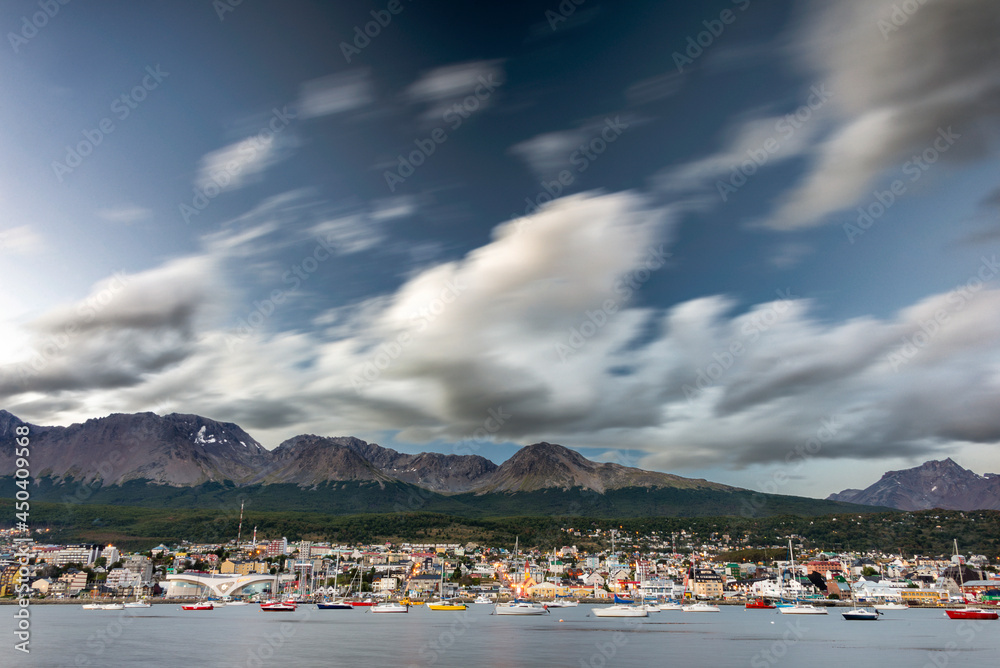 Stormy clouds flows quickly over Usuahia, Tierra del Fuego, Argentina