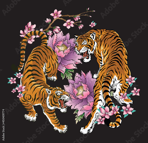 Fotobehang Fighting Asian Tattoo Tigers with floral elements.