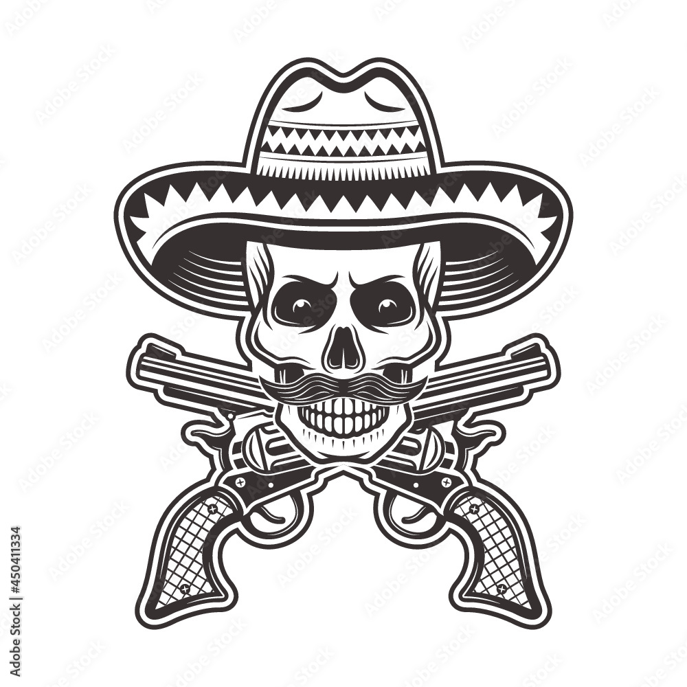 skull mexican bandit sombrero hat with mustache crossed guns illustration monochrome white background skull mexican bandit sombrero hat with mustache crossed guns illustration monochrome white background