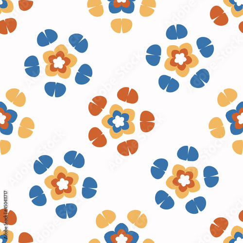 Abstract playful color style cut out shape pattern. Seamless modern simple lino cut style design for retro kids all over print. Trendy geometric home decor, kid fashion, wallpaper in vector repeat. 
